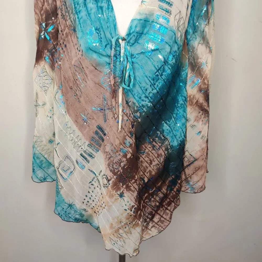 R&M Richards Tunic Top Embroidered‎ Blue Metallic Bell Sleeve